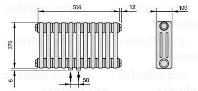 Схема (чертеж) Радиатор Zehnder Charleston 3037/11 №3470 Белый глянцевый RAL 9016
